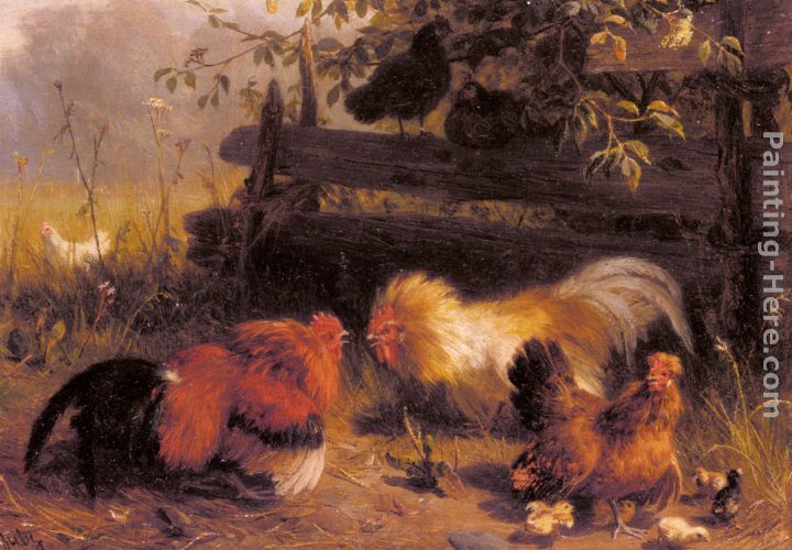 Chickens painting - Carl Jutz Chickens art painting